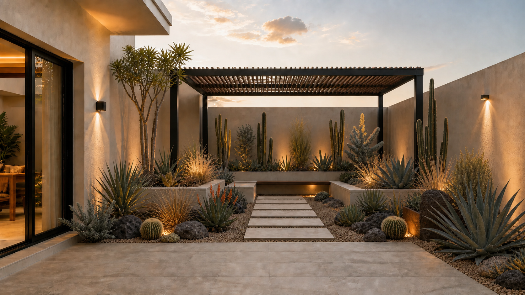 El mismo patio diseñado como un jardín desértico sofisticado