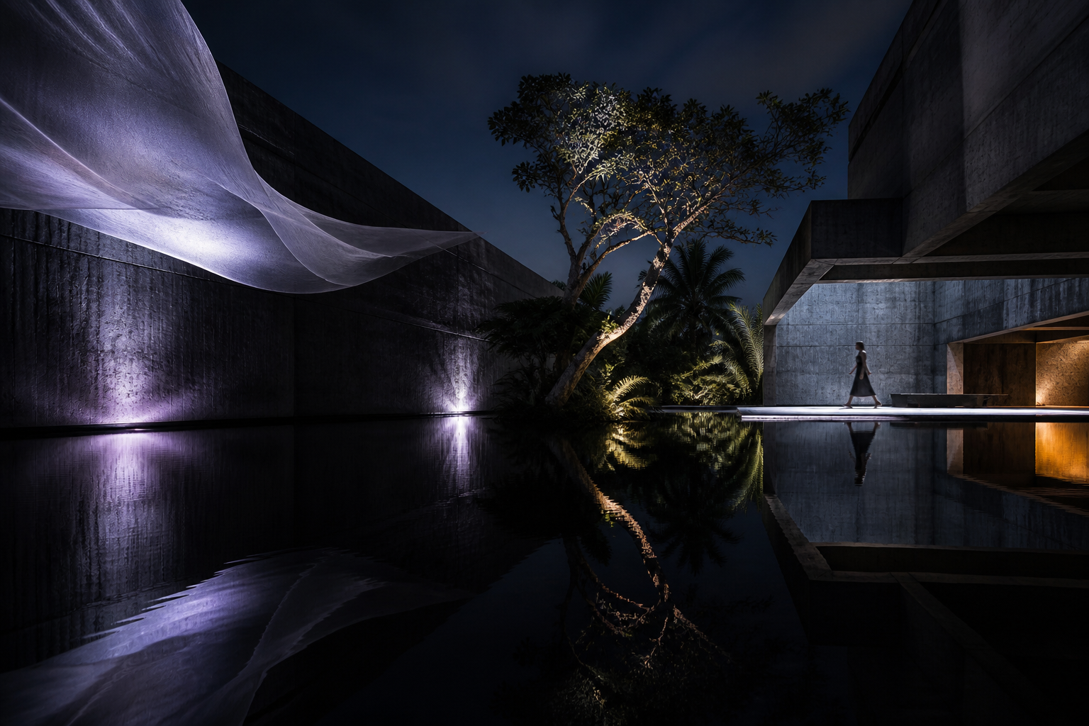 Courtyard tropical nocturno con agua, arquitectura brutalista y luz editorial