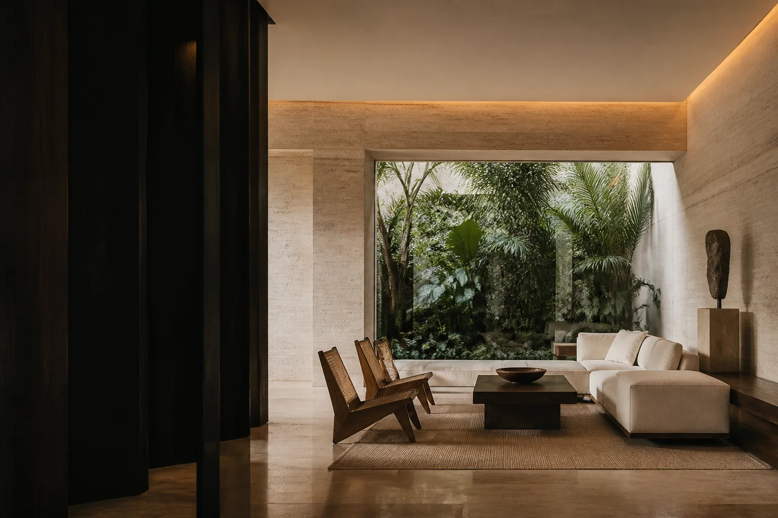 Interior contemporáneo abierto a un jardín tropical