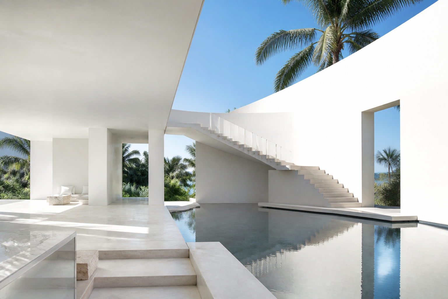 Pabellón tropical blanco con piscina y luz abierta