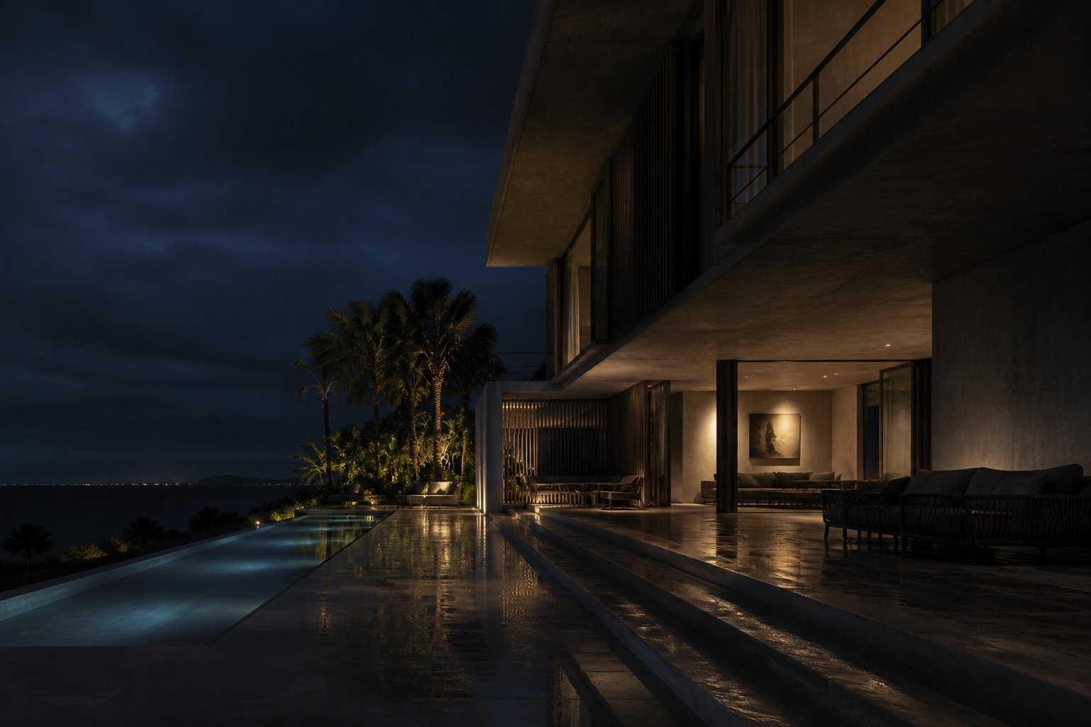 Residencia tropical contemporánea iluminada de noche