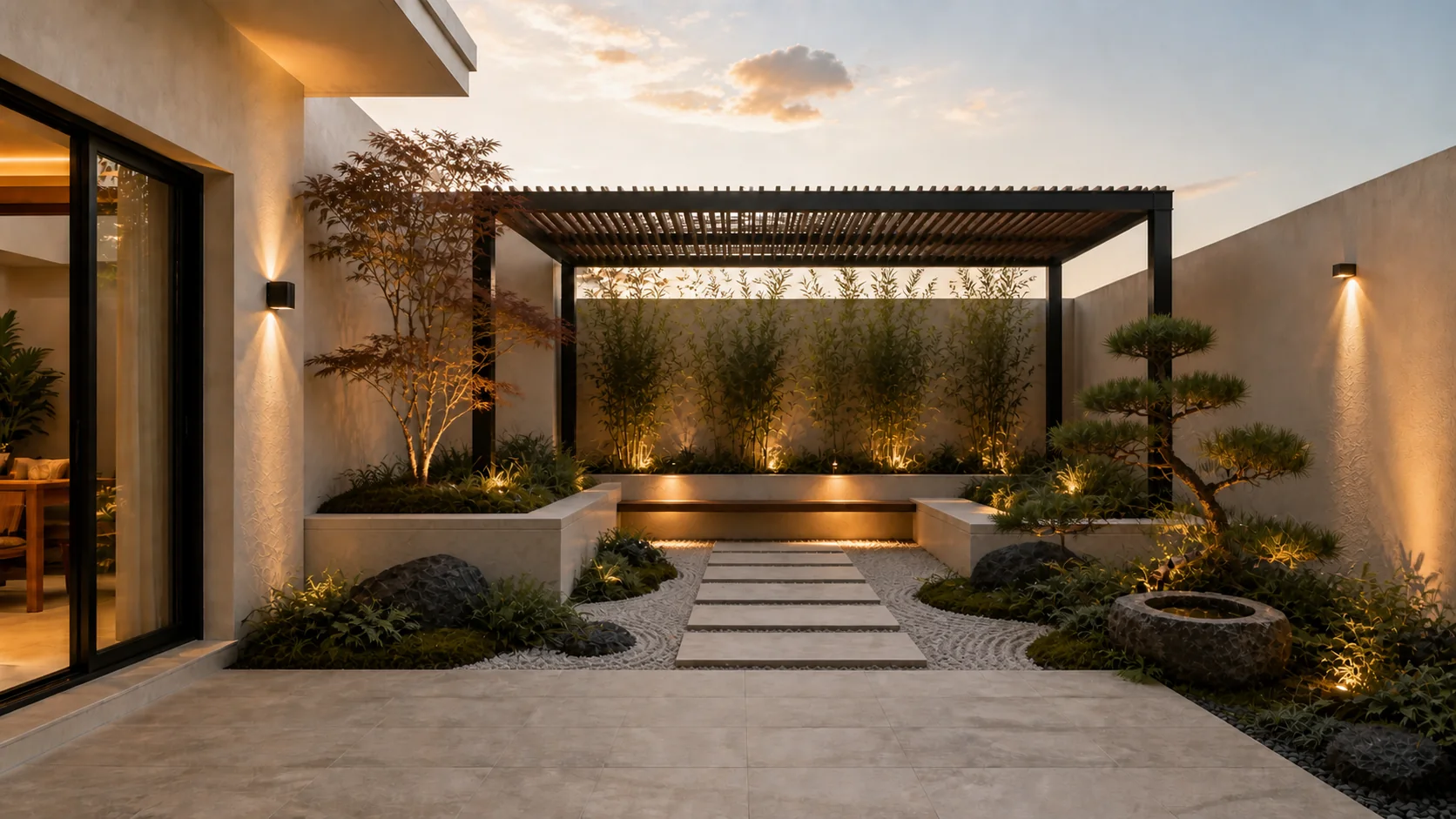 El mismo patio diseñado como un jardín japonés contemporáneo