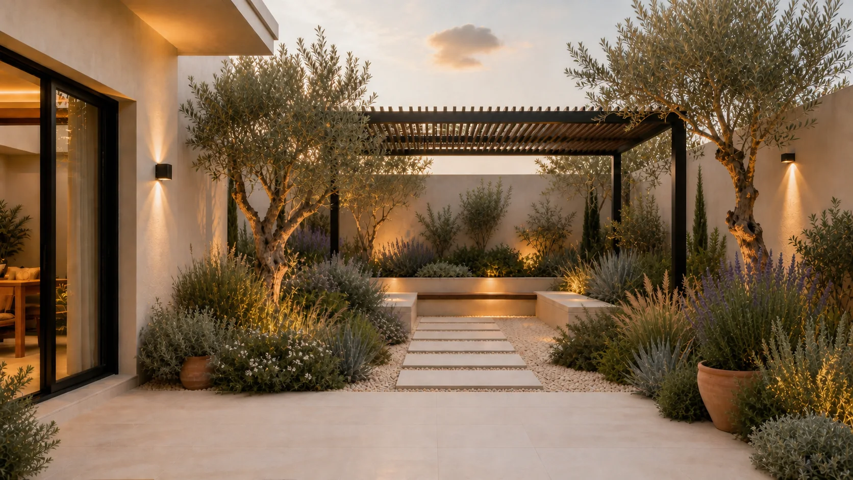 El mismo patio diseñado como un jardín mediterráneo luminoso