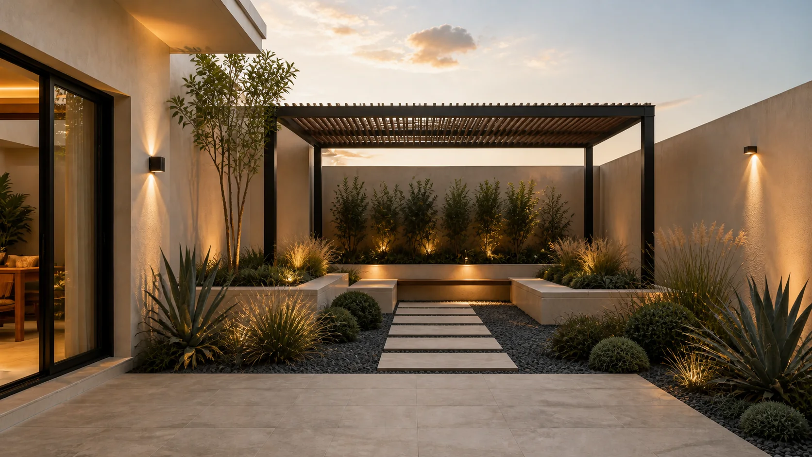 El mismo patio diseñado como un jardín minimalista y arquitectónico