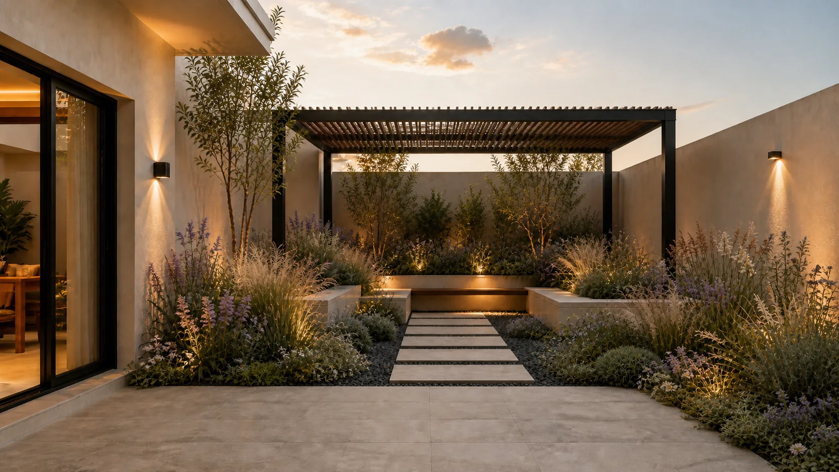 El mismo patio diseñado como un jardín naturalista contemporáneo