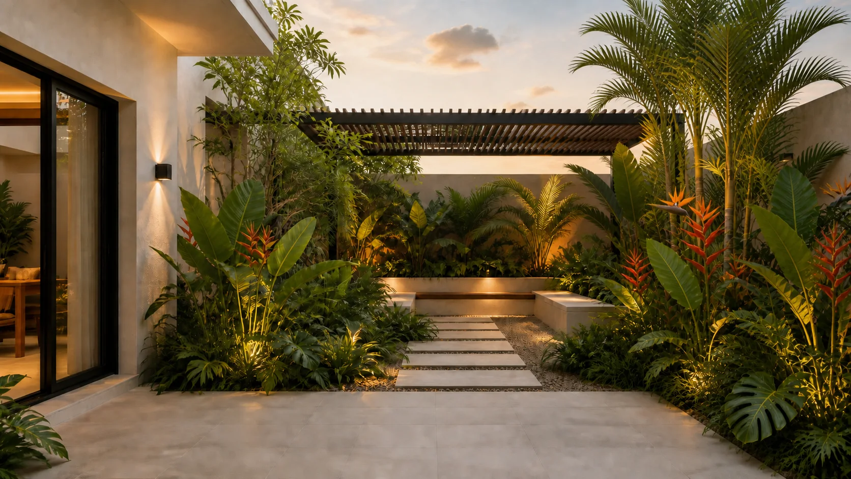 El mismo patio diseñado como un jardín tropical exuberante