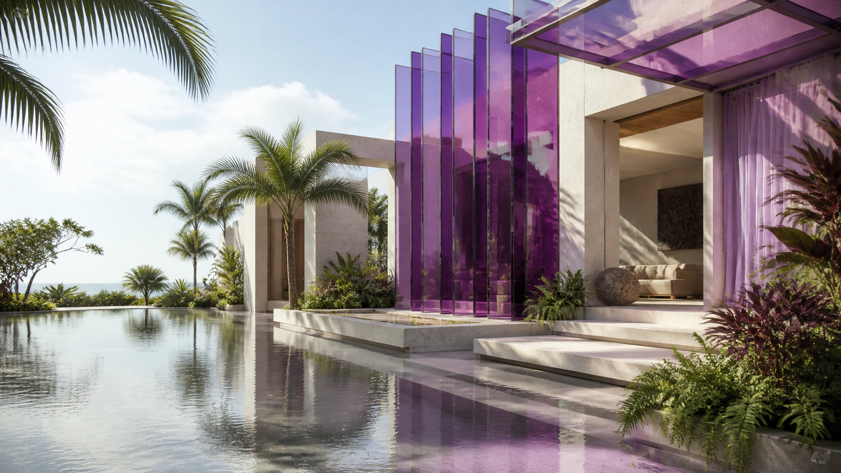 Arquitectura tropical moderna con estanque, vegetación y sombras diurnas