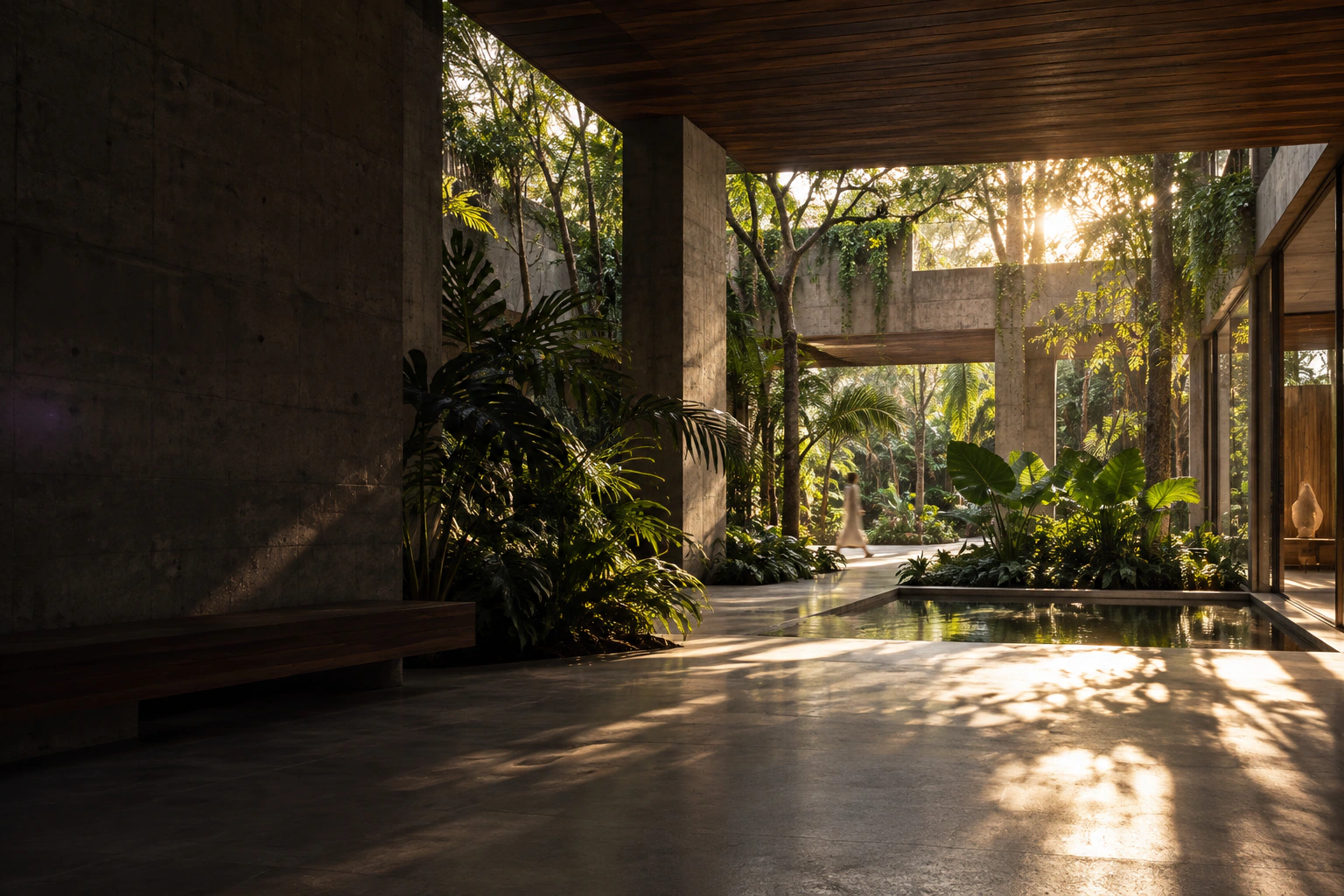 Arquitectura tropical brutalista con luz natural y figura en movimiento