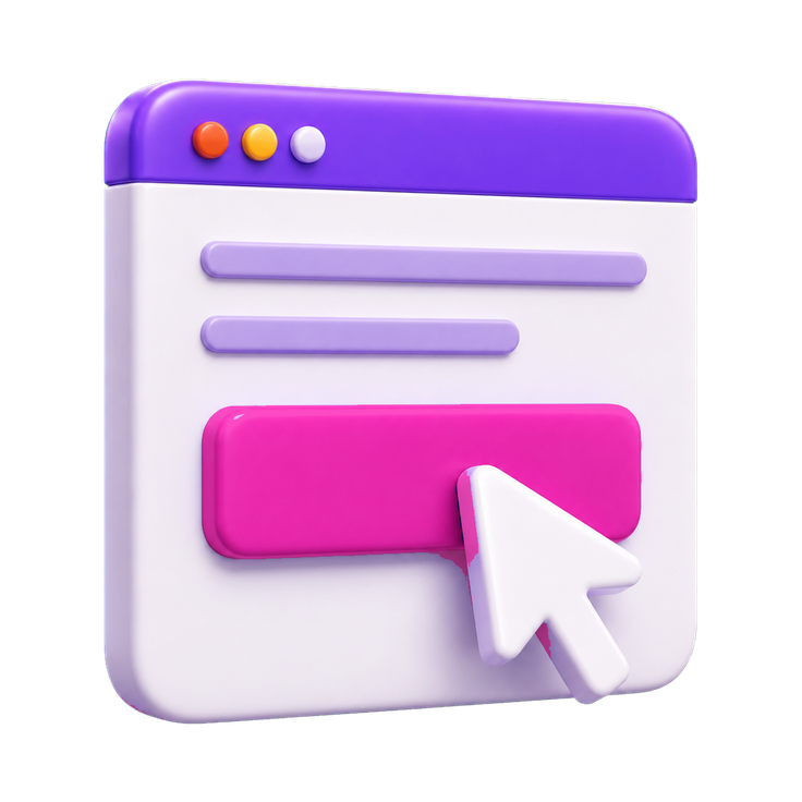 Ilustración 3D de una landing page con navegador y cursor