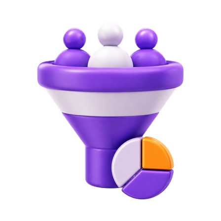 Ilustración 3D de optimización con embudo, tres personas y gráfica circular